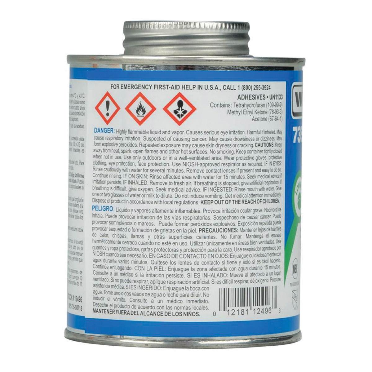Weld-On® 735™ Wet 'N Fast™ 12496 Solvent Cement, 1 pt, Can, Liquid, Blue, Ketone, 24 hr Curing thumbnail 4