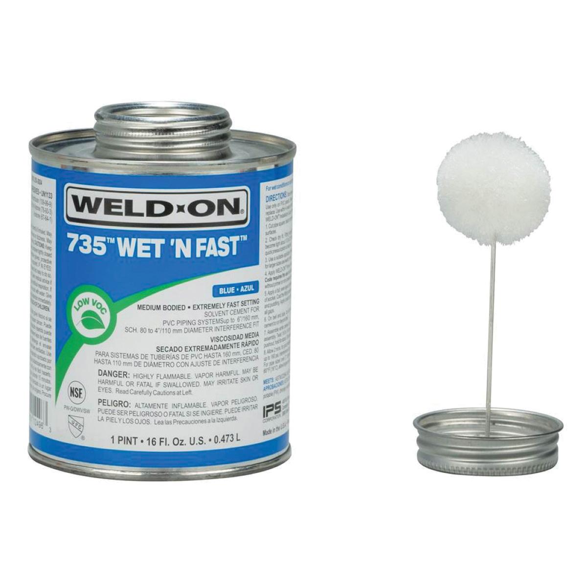 Weld-On® 735™ Wet 'N Fast™ 12496 Solvent Cement, 1 pt, Can, Liquid, Blue, Ketone, 24 hr Curing thumbnail 3
