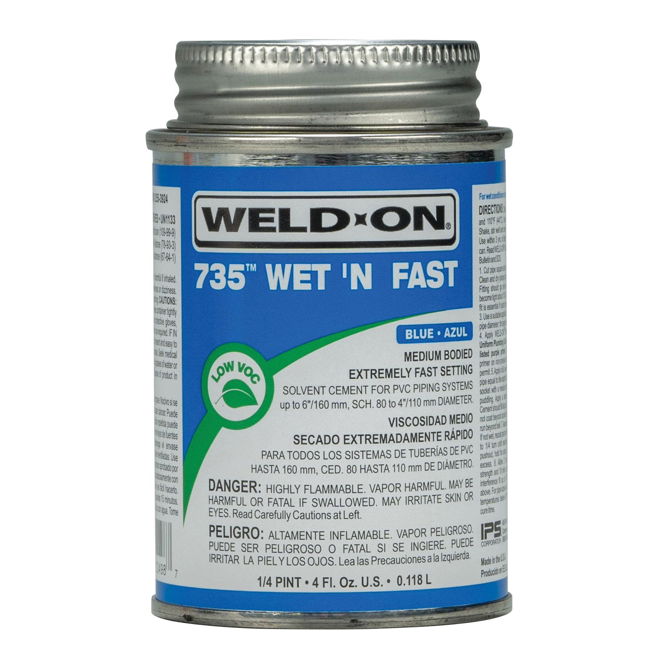 Weld-On® Wet 'N Fast™ 12498 Solvent Cement With Applicator Cap, 0.25 pt, Can, Liquid, Blue, Ketone thumbnail 3