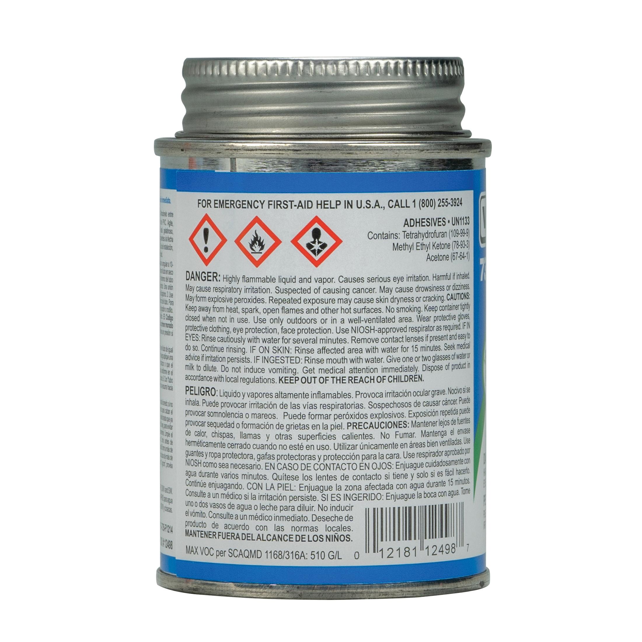 Weld-On® Wet 'N Fast™ 12498 Solvent Cement With Applicator Cap, 0.25 pt, Can, Liquid, Blue, Ketone thumbnail 2