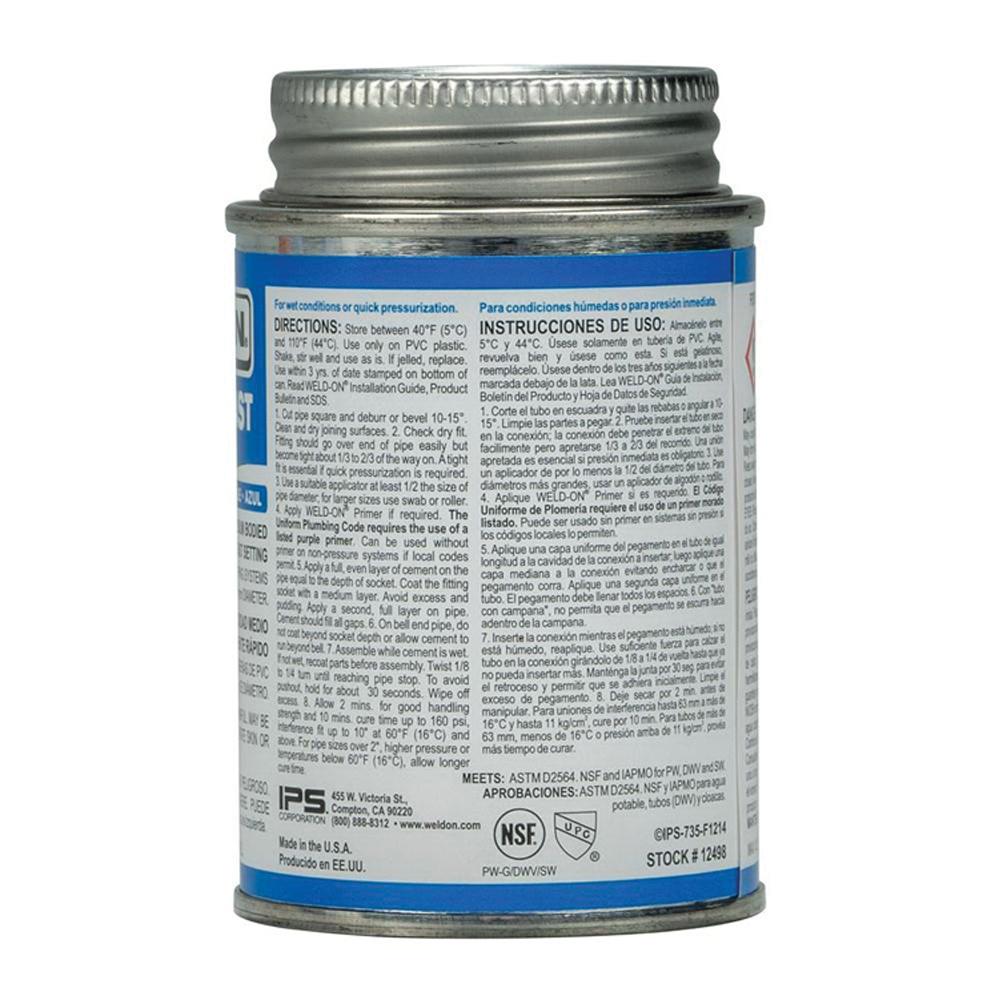 Weld-On® Wet 'N Fast™ 12498 Solvent Cement With Applicator Cap, 0.25 pt, Can, Liquid, Blue, Ketone