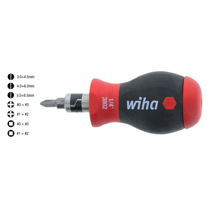Wiha&reg; 38090 14-in-1 Stubby Multi-Bit Driver, Phillips, Slotted, Square Point, Cushion Grip, Ergonomic Handle