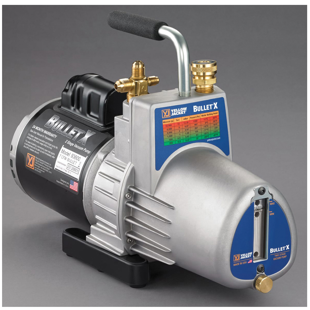 Yellow Jacket® BULLET®X 93600 2-Stage Vacuum Pump, 115 V, 1/2 hp, 1/4 x 3/8 x 3/8 in Connection, 7 cfm