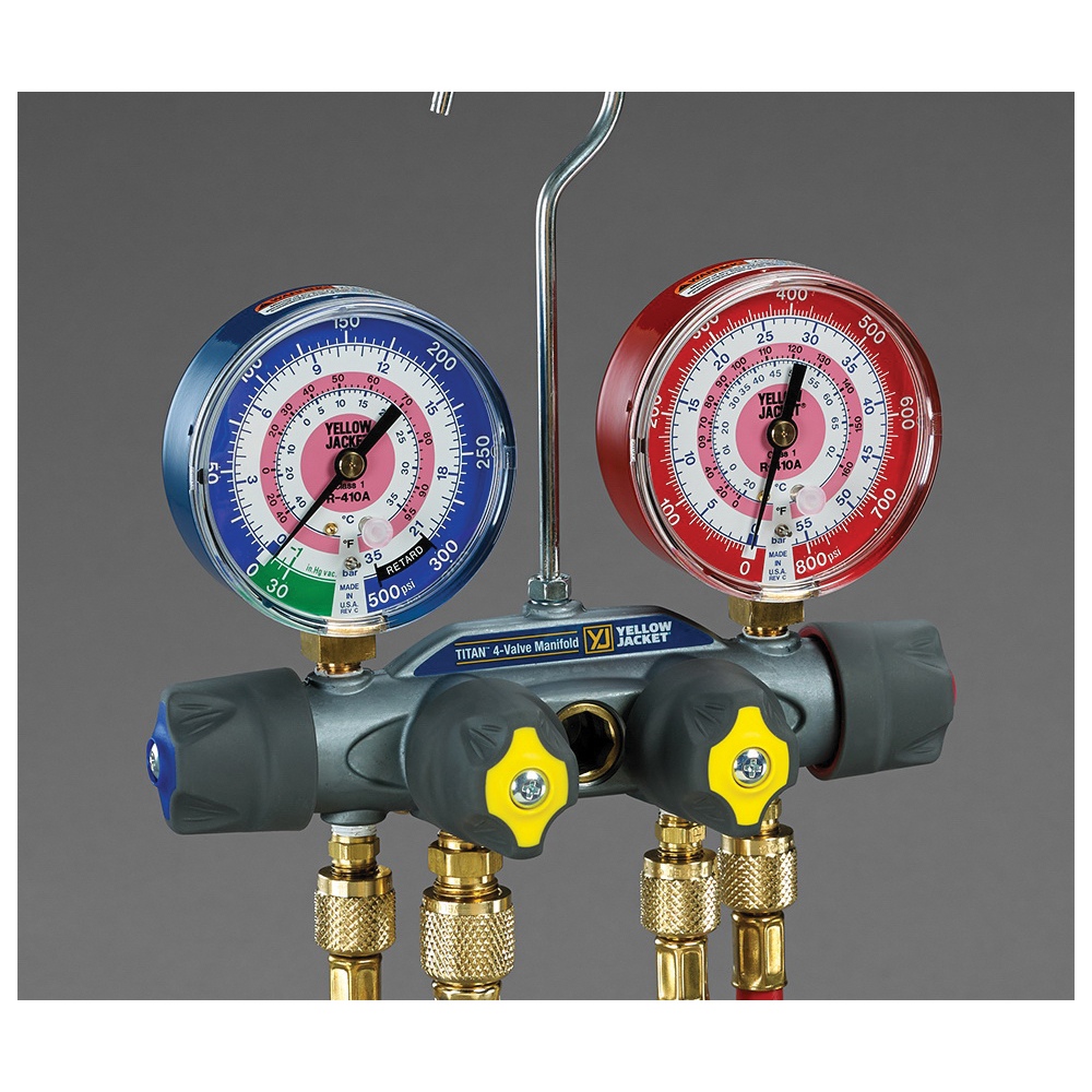Yellow Jacket® 49967 Manifold Gauge Set, 1/4 x 3/8 in Connection, Forged Aluminum Alloy, Blue/Red/Silver/Yellow