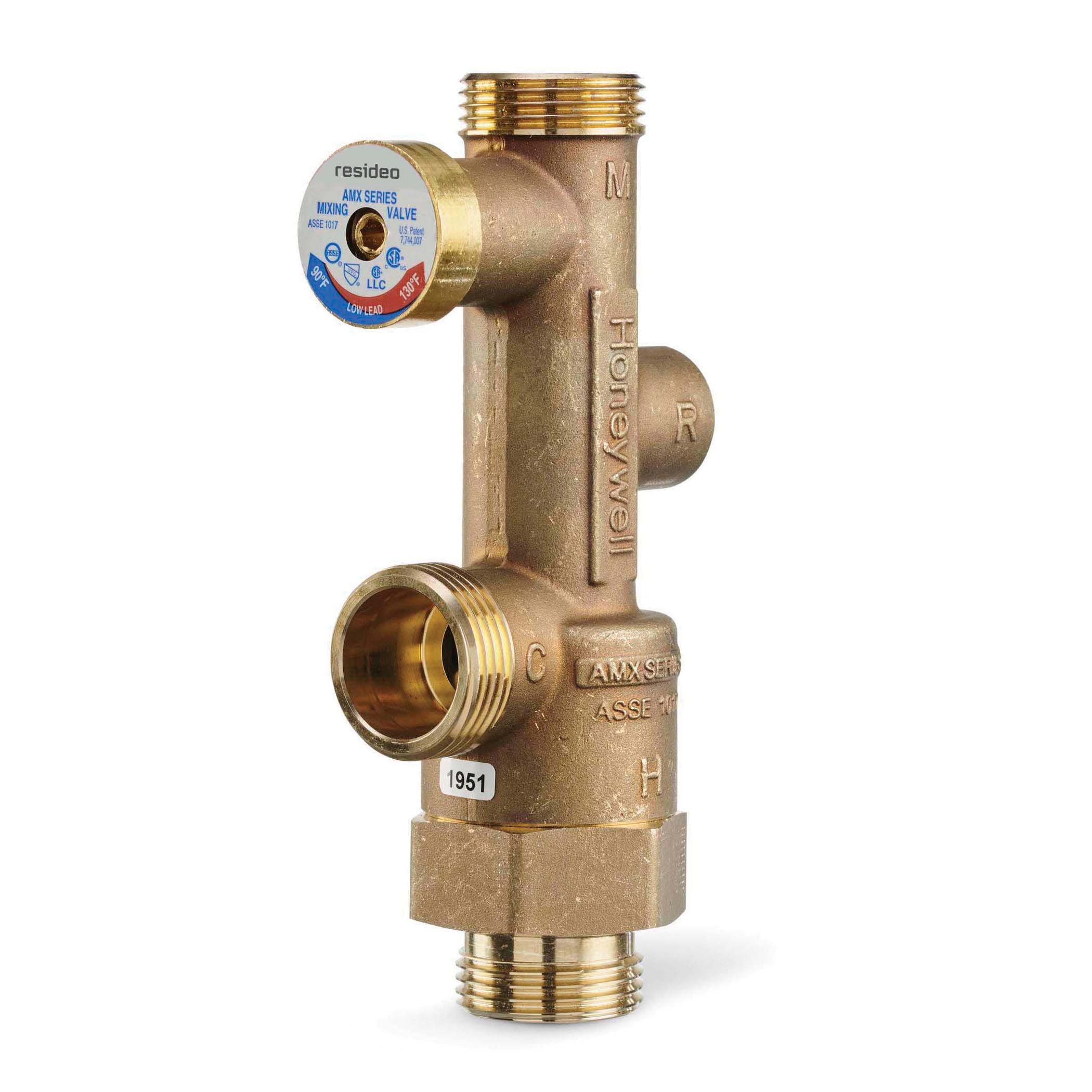 resideo DirectConnect™ AMX101-UT-1LF/U Mixing Valve, 3/4 x 2-3/4 in, FNPT x NPT, 0.5 gpm, 150 psi, Bronze/Steel