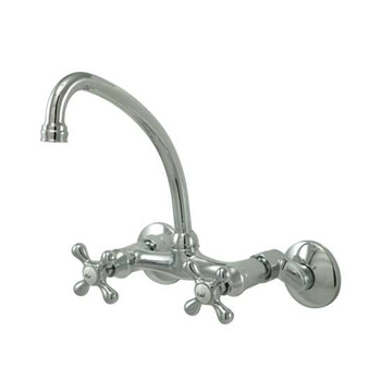 Kingston Brass KS214C+ High Arch Spout Wall Mount Kitchen Faucet with Metal Cross Handle - Chrome